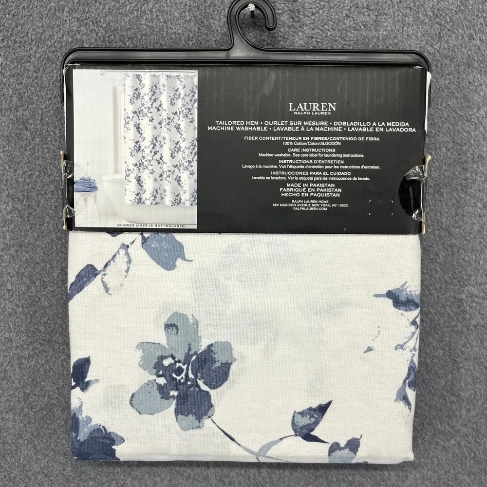 Lauren Ralph Lauren Shower Curtain Blue White Floral Cotton 70x72 Tailored Hem